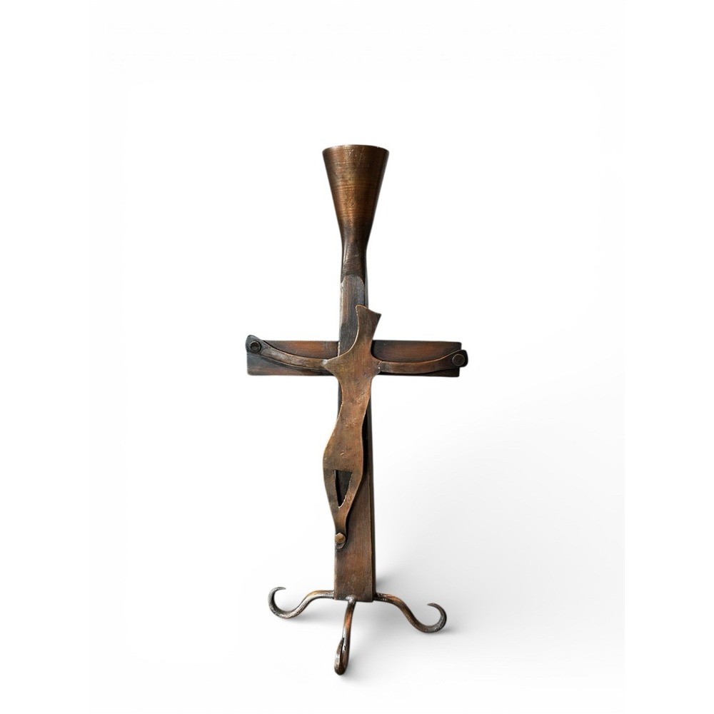 Jesus Christ on Cross Candle Holder Candlestick Copper Brushed Metal 12" Tall